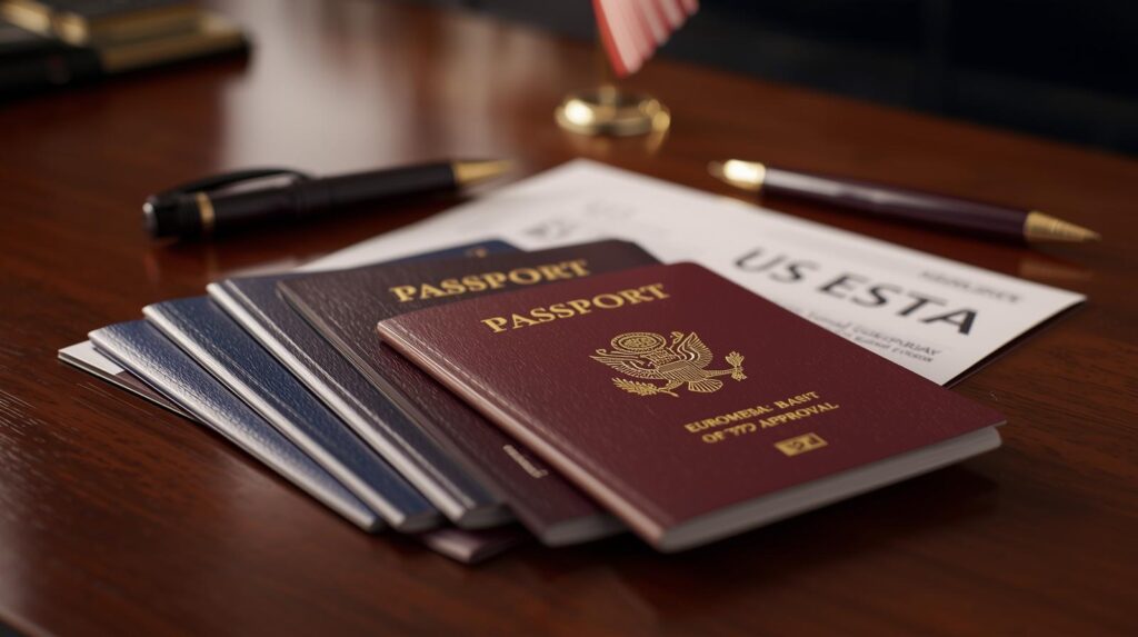 דרכונים אירופאיים על שולחן עץ לצד אישור ESTA לארצות הברית