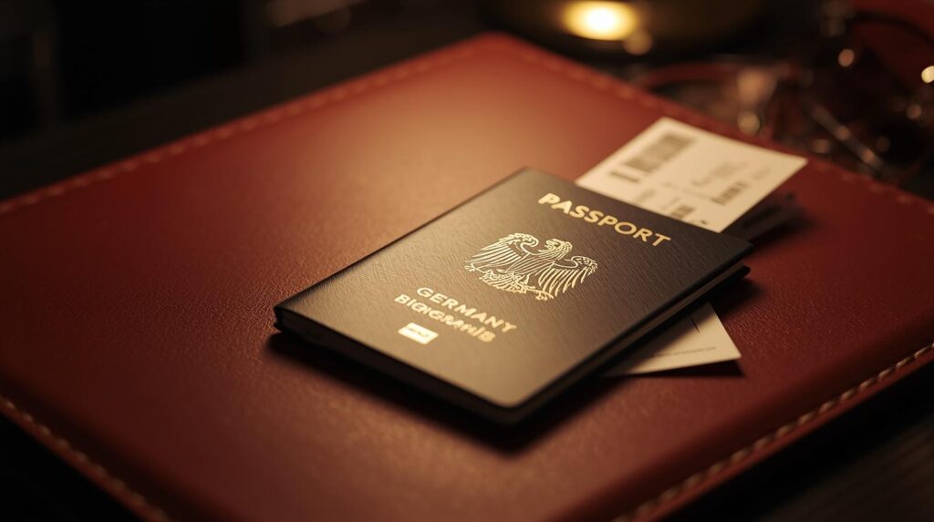 דרכון גרמני עם כרטיס טיסה לארצות הברית ואישור ESTA מונחים על שולחן מנהלים